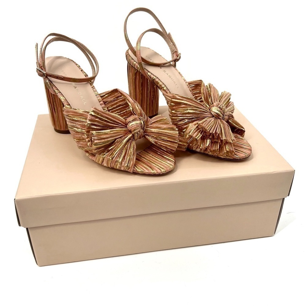 Loeffler Randall Camellia Sunset Bow Sandal Block Heel Peep Toe Stripe Sandal
